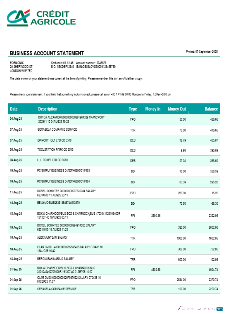 Download Credite Agricole company checking account statement Word and PDF template Photoshop template